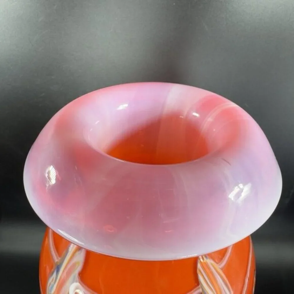Tall Art Glass Vase Vessel Mushroom Top Orange With White Swirl Glass Vase 12inc